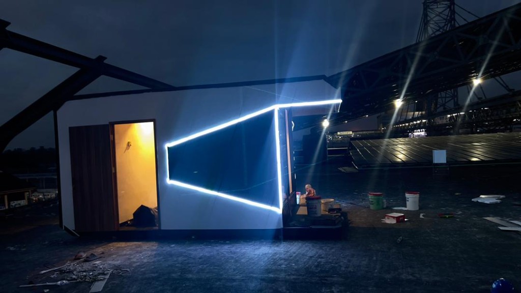 Luxury capsule home exterior LED lighting during night installation