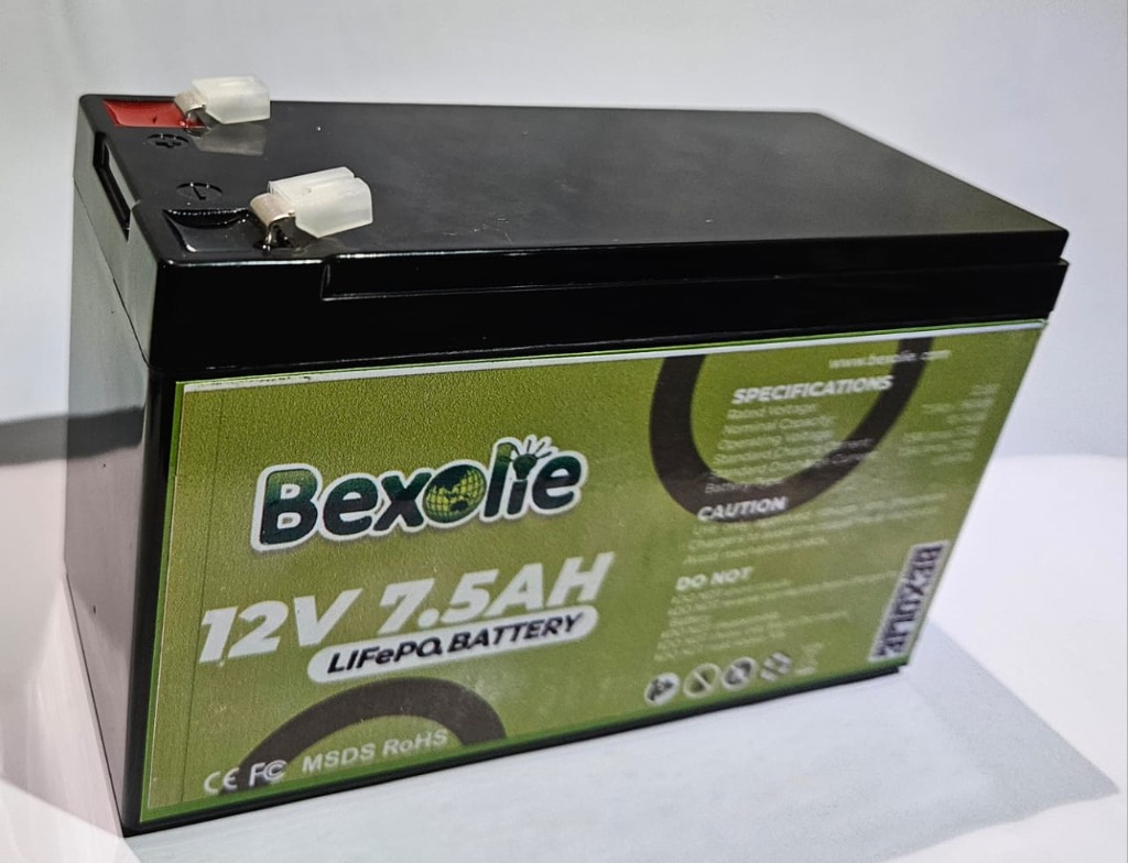 Bexolie branded 12V 7.5Ah LiFePO4 battery for small solar and UPS applications