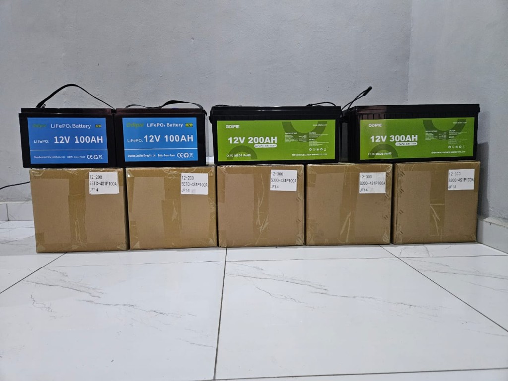 LiFePO4 battery inventory 100Ah 200Ah and 300Ah units ready for solar systems