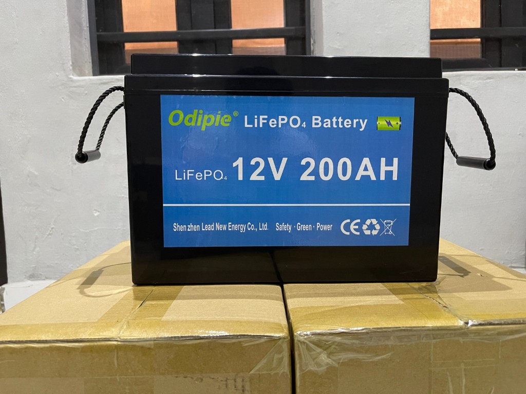 ODIPIE 12V 200Ah LiFePO4 battery with safety green label